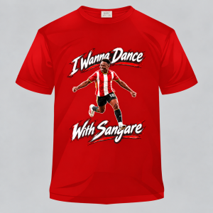 Red Brentford football T-shirt featuring a custom ‘I Wanna Dance With Sangare’ design with a footballer graphic
