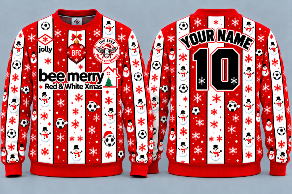 Custom red and white brentfod kit inspired christmas jumper