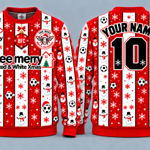 Custom red and white brentfod kit inspired christmas jumper